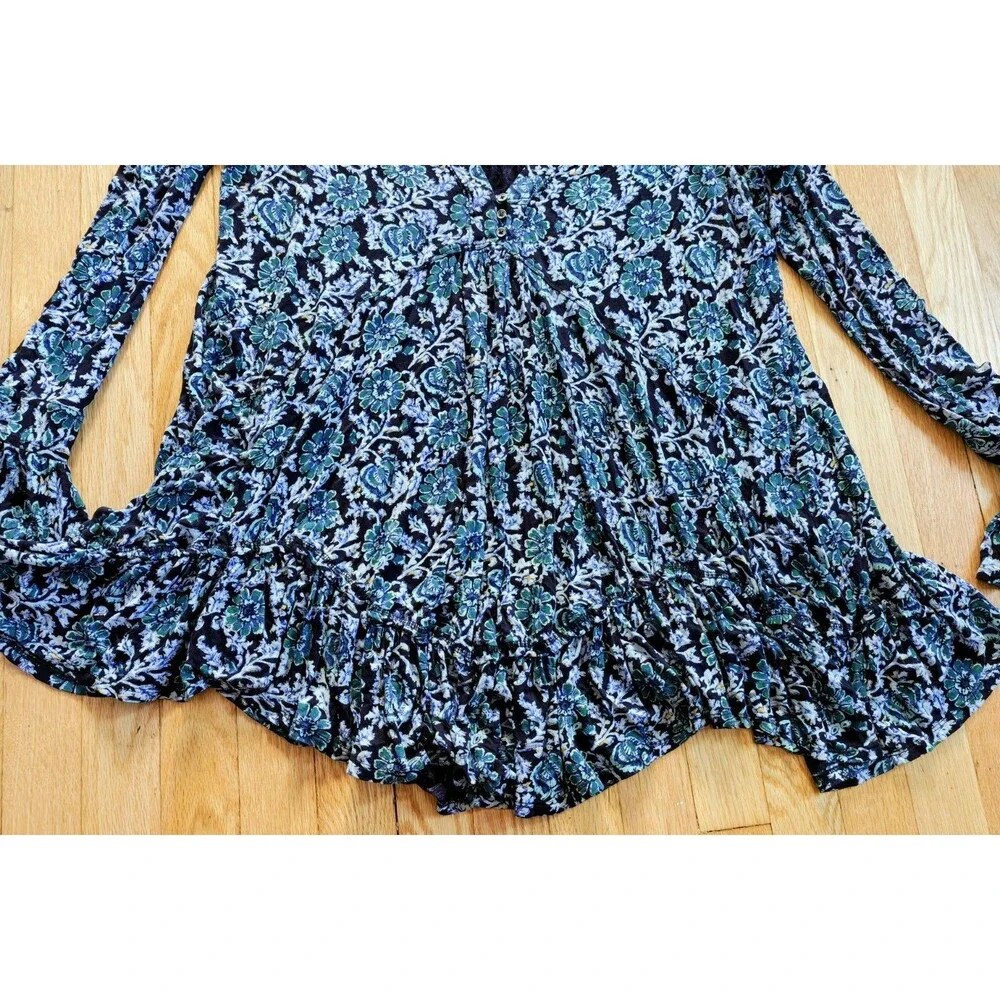 Free People Olivia Printed Ruffled Tunic Dress Deep Sea Green Size